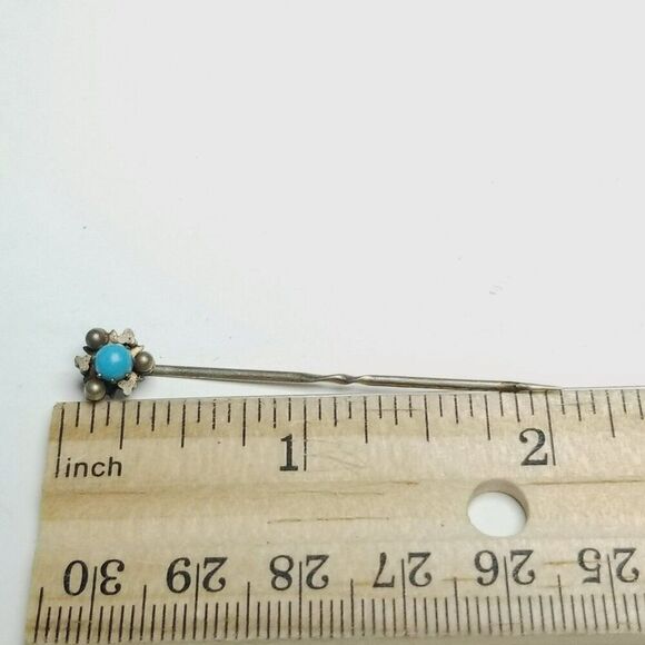 Vintage Blue Cabochon and Tiny Faux Pearls Stick Pin, Antique Victorian Style - Picture 6 of 7